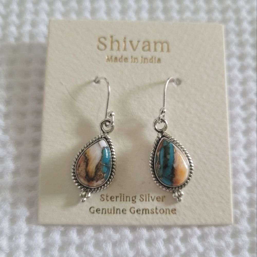 Shivam Oyster Blue💙 Copper Turquoise Teardrop💧 Earrings - Picture 10 of 12